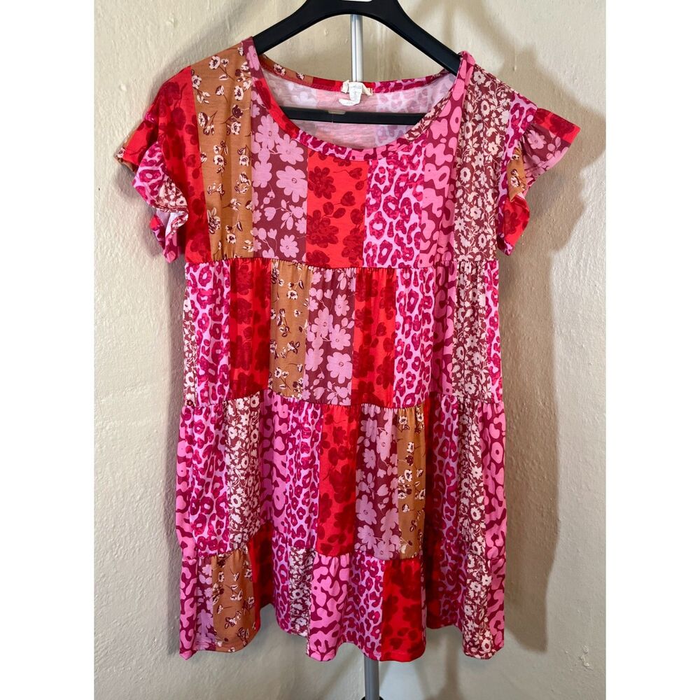 BiBi Leopard Print Tiered Mini Dress - Patchwork Floral Red/Pink - Size M
